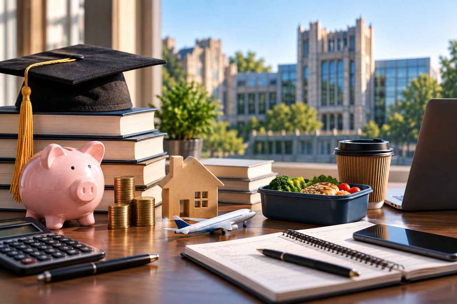 Duke Fuqua MBA cost of attendance concept with graduation cap, books, savings, housing, travel, food, and study expenses.